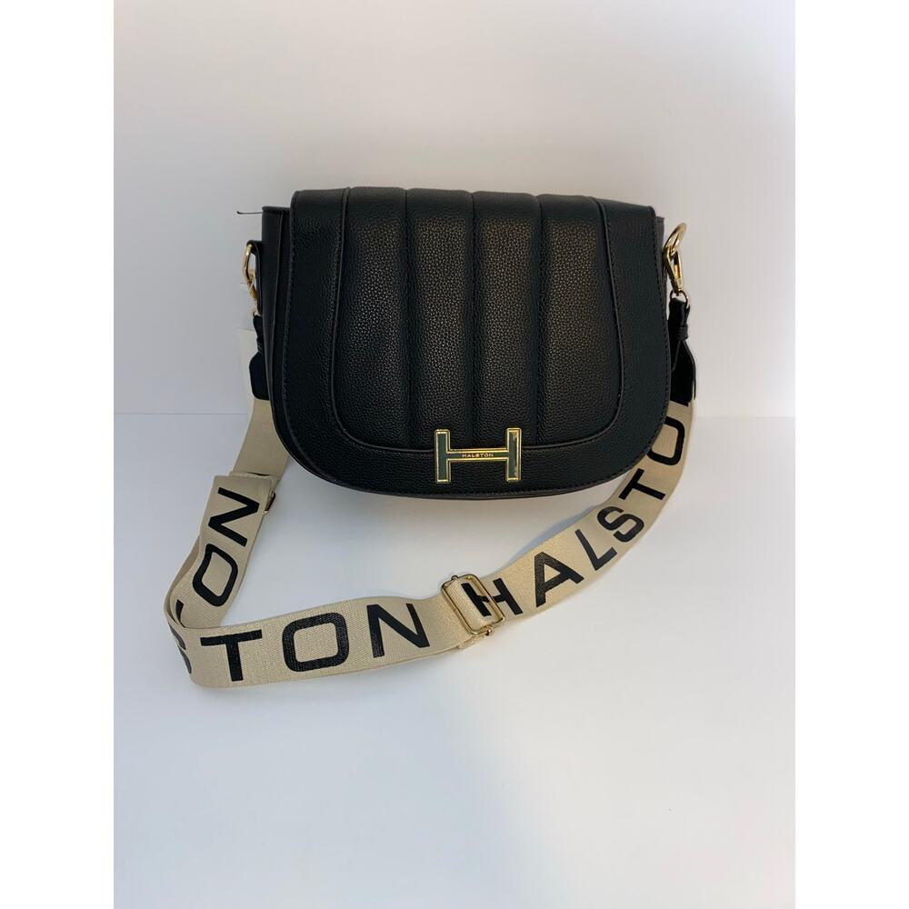 NWT H Halston Black Saddle Crossbody Bag Gold Hardware Logo Strap MSRP $88